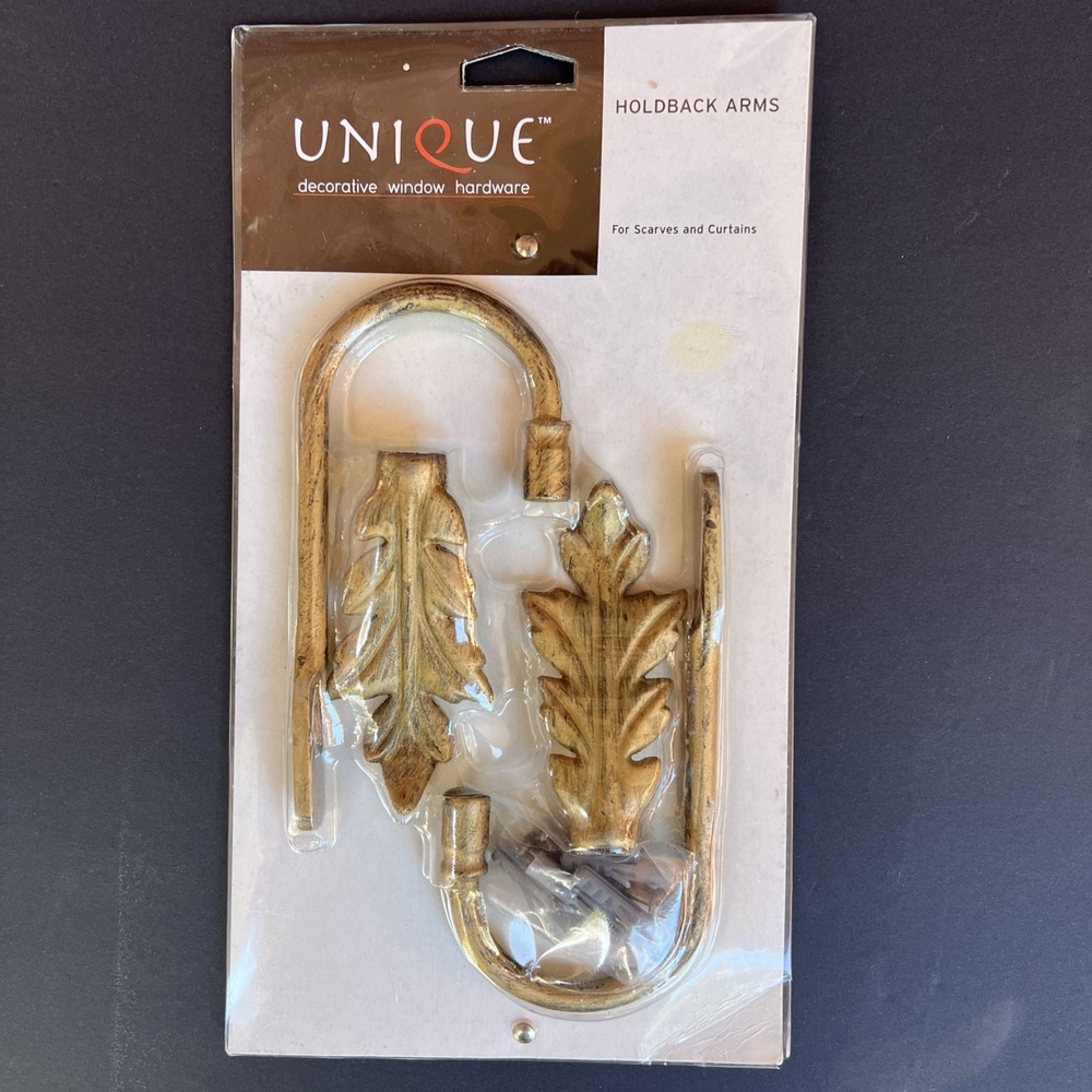 VTG Curtain Tie Backs Holdback Arms Pair Antique Gold Leaf Drapery NOS 1999